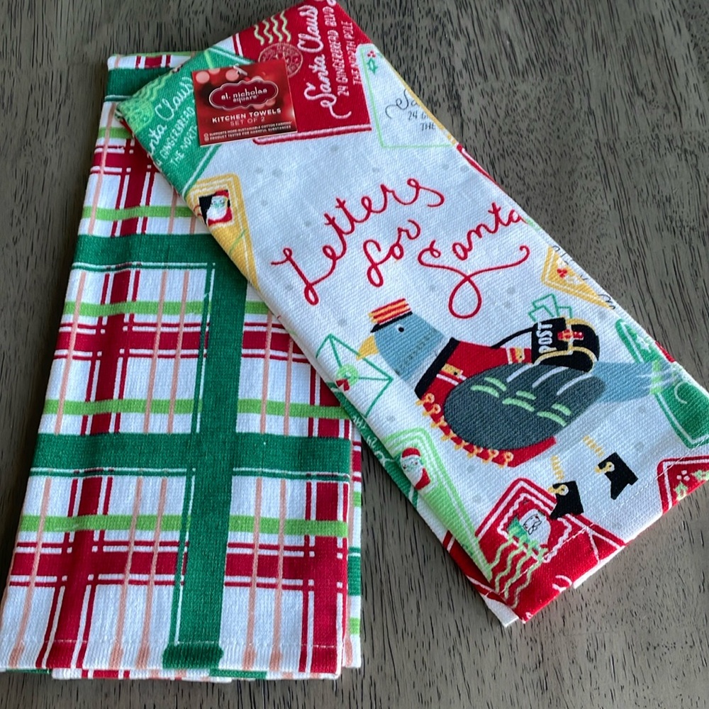 Set of 2 St. Nicholas Square Kitchen Towels - Letters for Santa / Holiday Plaid